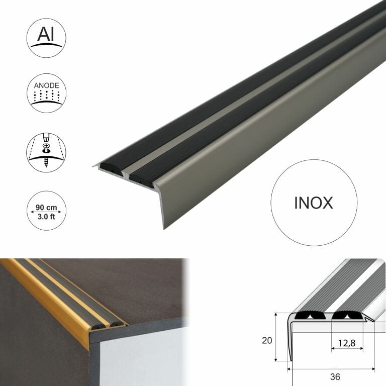 A37 36 x 20mm Anodised Aluminium Non Slip Rubber Stair Nosing Edge Trim With Inserts - Inox With Black Rubber, 1.8m