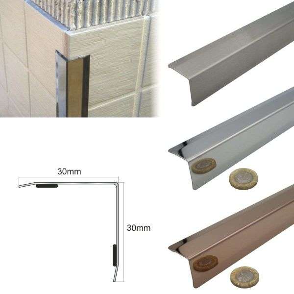 Stainless steel angle wall cladding corner trim protector bevelled edges 30x30mm