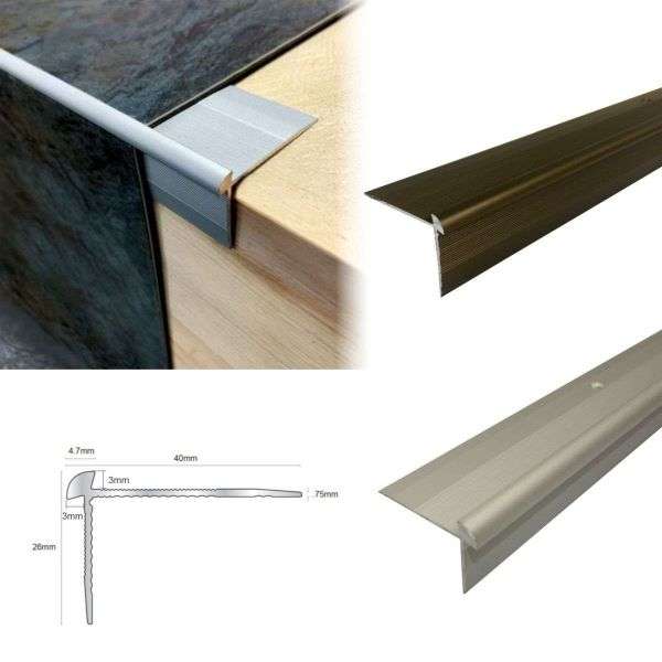 TVC 40 x 26mm Anodised Aluminium LVT Stair nosing Edge Profile For 3mm Flooring
