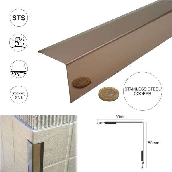 Stainless steel angle wall cladding corner trim protector bevelled edges 50x50mm